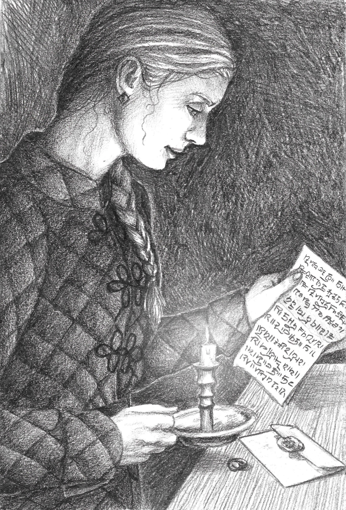 In a dark room, Kelta stands by a desk holding a candle and reading a letter. She wears a satisfied expression. 


This is the illustration from chapter 15, drawn by Galadriel Coffeen.